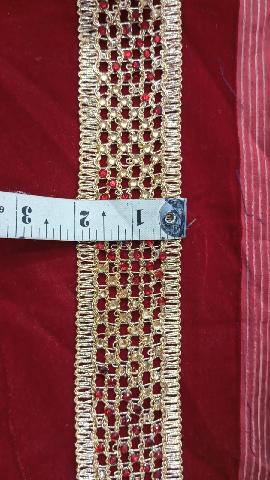 Rose Gold & Red Cundun Nag Hand Made Lace  (5 METERS)