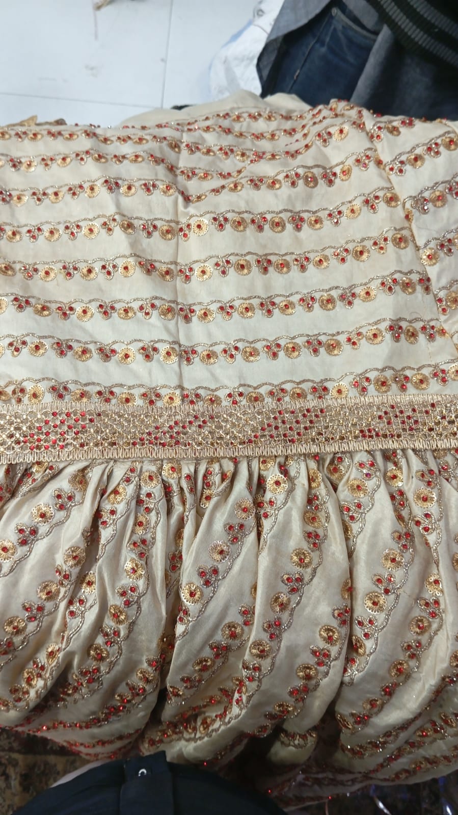 Rose Gold & Red Cundun Nag Hand Made Lace  (5 METERS)